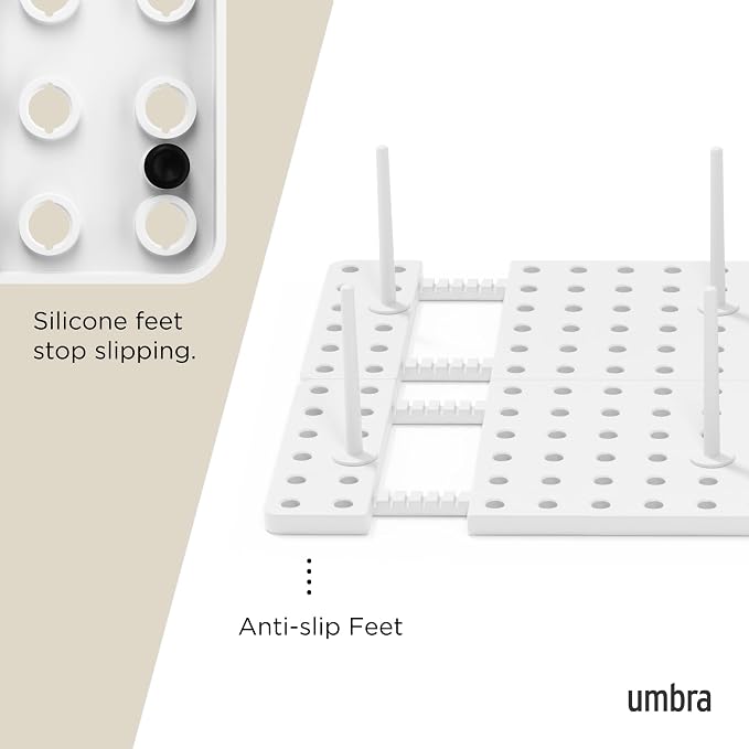 Peggy Kitchen Drawer Cupboard Organizer Tray - Adjustable Storage System For Food Containers, Cookware, Serveware, Utensils and More, White | Non-slip feet, fits cabinets or shelves, quick assembly, 32 pegs included, impact-resistant plastic