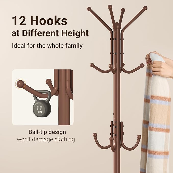 ELYKEN Coat Rack Freestanding, Metal Coat Rack with Umbrella Holder | 12 Hooks, Square Base, Heavy Duty Floor Standing Coat Tree for Entryway, Hallway, Living Room, Bedroom, Office, Brown