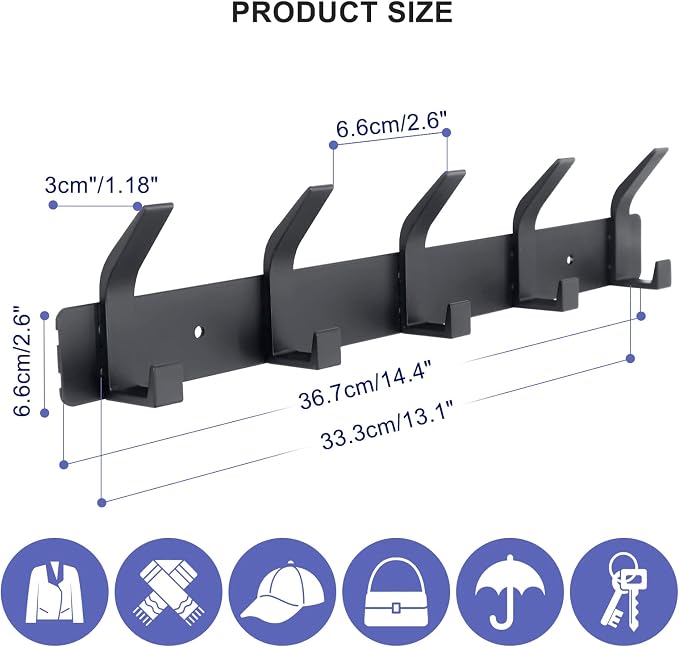 Coat Rack Wall Mounted,5 Coat Hooks for Hanging Coats,Heavy Duty Metal Double Hook Rack Hook Rail,Coat Rack with Hooks,Wall Mount Coat Hanger for Hat Towel Purse Robes ,Black,2Pack (Black2, 5 Hooks)