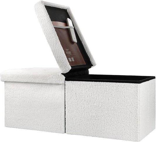 Bsketa Storage Ottoman Bench, 34" Folding Velvet Foot Rest Stool, White | Large Ottoman with Storage, Thicker Foam Padded Seat, Livingroom, Dorm, Bedroom, Easy to install, 86L,34 x 13 x 13in