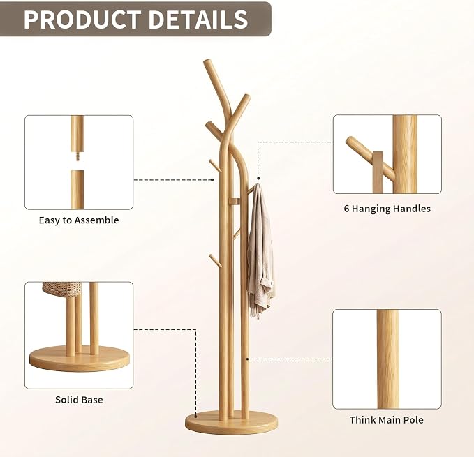Solid Wood Coat Rack Freestanding Wood Coat Tree Rack with 9 Hooks, Creative Tree-Shaped Design, Standing Coat Rack Clothes Hanger Stand with Sturdy Base for Entryway, Bedroom - Load 150lb (Natural)