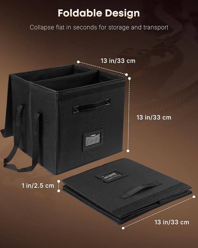 Uniclife 2 Pack Vinyl Record Storage Box with Lid & Handles | Collapsible, Splash-Resistant Album Storage Crate for 80 Single Records (12"), Black, 13" × 13" × 13"
