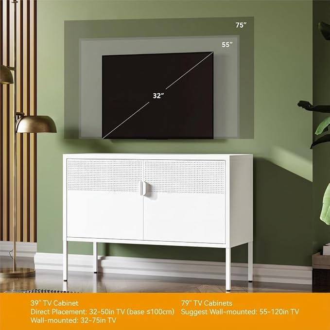 COFaR TV Stand for TVs up to 75 Inch, 40''L Media Console with Ventilation Doors, Metal Entertainment Center with Adjustable Shelves & 120Lbs Storage for Living Room & Bedroom, White