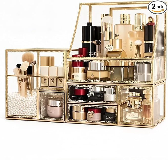 Tempered Glass Makeup Organizer with Gold Heart Shaped Metal Frame, Large Cosmetic Storage Drawer Cabinet, Dustproof Vanity Display Case for Lipstick Makeup Brush Skincare