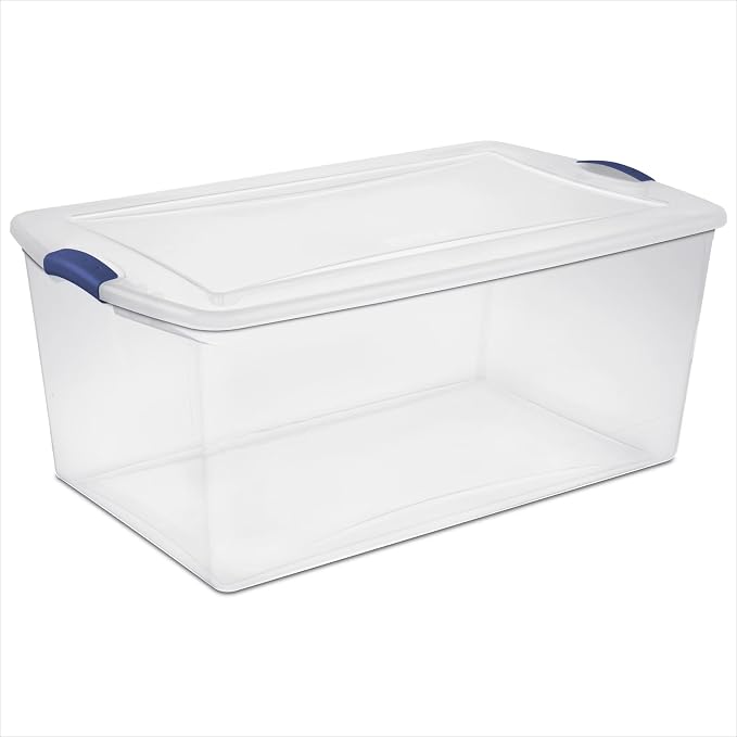 105 Quart Clear Plastic Latching Storage Bin with Latch Lid, Blue | Stackable Design, Secure Color Latches, 32x19x14 cm External, Seasonal & Gear Storage, Compatible with 66-Qt Lid