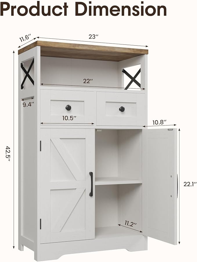 Farmhouse Storage Cabinet Set of 2, Small Kitchen Pantry Coffee Bar Cabinet | Accent Buffet Cabinet Cupboard, 2 Drawers, Barn Doors & Adjustable Shelves, for Kitchen/Entryway/Bathroom, Antique White