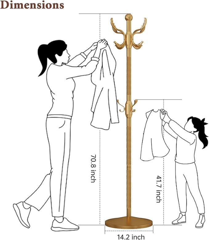 Metal Coat Rack Stand Coat Rack Freestanding with 12 Hooks,Gold | Sturdy Heavy Duty Modern Coats Tree for Bags Clothes Hall Tree Hats Hanger Holder Stand for Entryway Bedroom Hallway Office