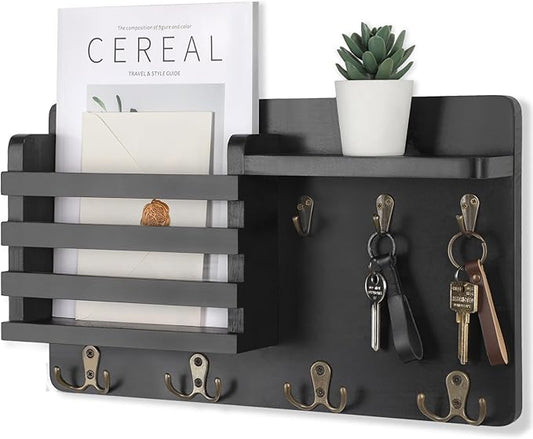 Nekon Mail Holder for Wall Mail Organizer with Key Hooks Hallway Farmhouse Decor Storage Racks with Floating Shelf and Flush Mount Hardware (16.8Inch x 10Inch x 3.2Inch)