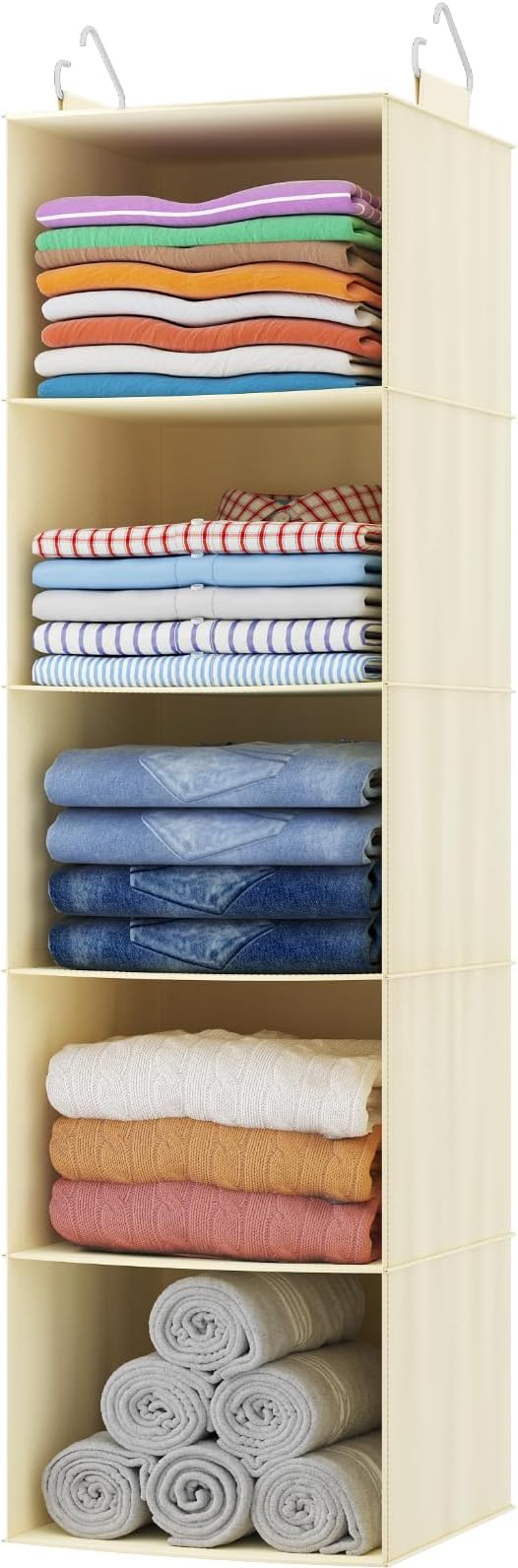 Lifewit 5 Tier Hanging Closet Storage Organizer for Shelves, Beige, 1 Pack | Foldable Clothes Shelf with 2 Sturdy Hooks, Sweater/Coat/Shoes Clothing Organization for Wardrobe, Dorm, Bedroom