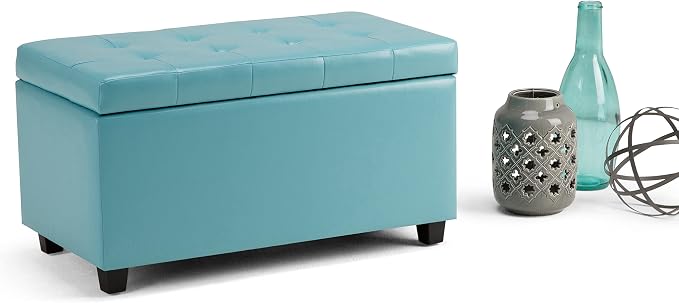 SIMPLIHOME Dover 36" Wide Vegan Leather Storage Ottoman in Grey | Transitional storage ottoman with tufting and lift-up lid; rectangle storage bench for living room or entryway.