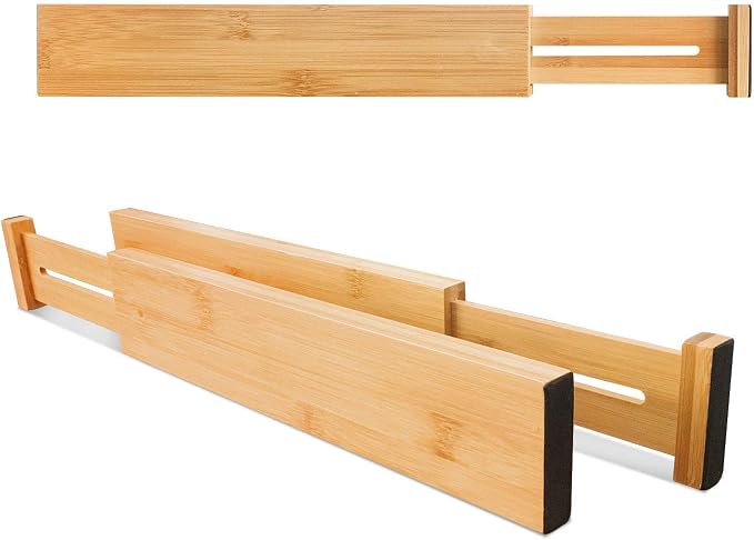 VaeFae 6-Pack Adjustable Bamboo Drawer Dividers, Expandable Drawer Organizer for Kitchen Utensils, Clothes, Bathroom, Office – Fits Drawer Interiors 16.6" to 21.8"