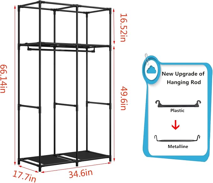 SORCEDAS Portable Closet Wardrobe with Hanging Rods Shelves Clothes Storage | 34 Inch Closet Organizers and Storage with Non-Fabric Cover,Freestanding Clothes Closet for Bedroom,dorm,Storage Rooms Black