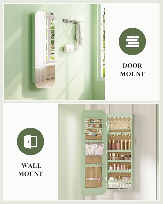 6 LEDs Mirror Jewelry Cabinet Door Hanging, 42.5", Lockable, Green | Jewelry Organizer with Full Length Mirror, Wall Mounted Large Jewelry Storage for Earrings, Rings, Necklaces