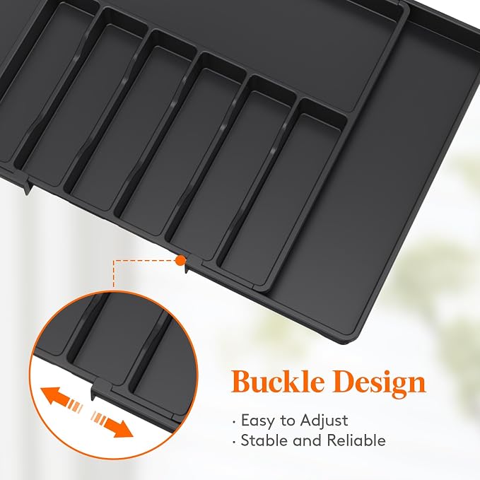 Lifewit Silverware Drawer Organizer, Expandable Utensil Tray for Kitchen, BPA Free Flatware and Cutlery Holder, Adjustable Plastic Storage for Spoons Forks Knives, 18- 33 x 18.5", Black