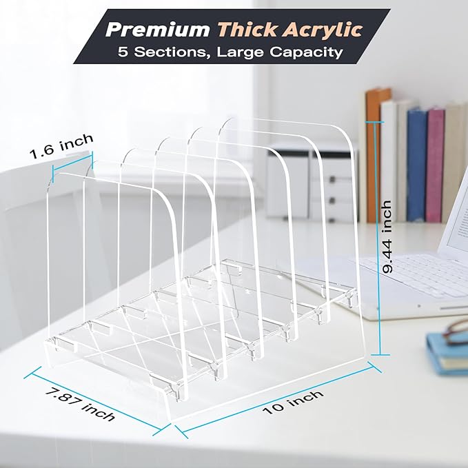 File Holder File Sorter, Vertical File Organizer for Desk, Desk Top File Folder Organizer Stand, Acrylic File Rack File Folder Holder, 5 Sections Clear File Stand for Office, School, Home