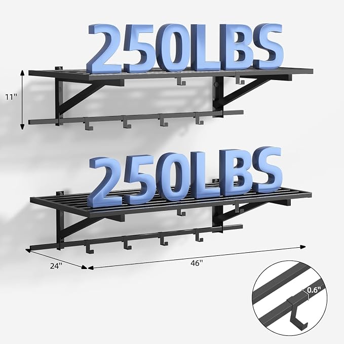 2-Pack 2x4ft Garage Shelving Wall Mounted, 500LBS with 12 Hooks | Garage Storage Shelves, Floating Design, Heavy Duty, Large Capacity, Sturdy Construction, Space Saving, Easy Install