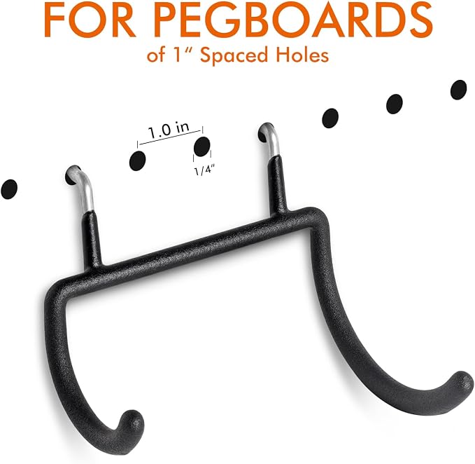 Utility Heavy Duty Pegboard Hooks, 8Pack Peg Board Power Tool Drill Holders | Fit 1/8" 1/4" Peg Holes, Double Arm Peg Board Bracket, Rubber Coated, Large Tool Organizer for Garage Workshop Shed Craftroom