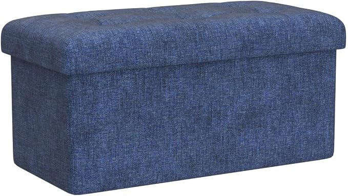 Ornavo Home 30 Inch Folding Storage Ottoman Bench, Tufted Linen, Navy Blue | Upholstered Large Ottoman with Lid; Foot Rest Stool; Ideal for Bedroom, Living Room or Entryway