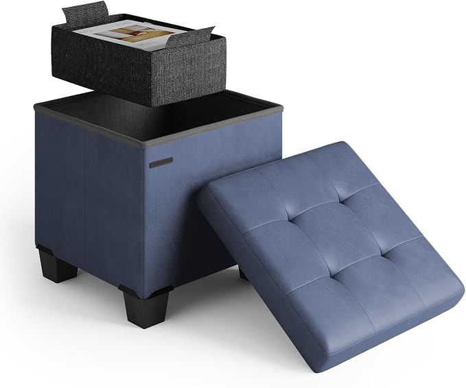 Storage Ottoman Cube with Small Bin, 15-in Square Ottoman with Storage for Living Room and Bedroom, Small Ottomans Foot Rest, Leather Foot Stools Ottomans Max 330lbs, Blue