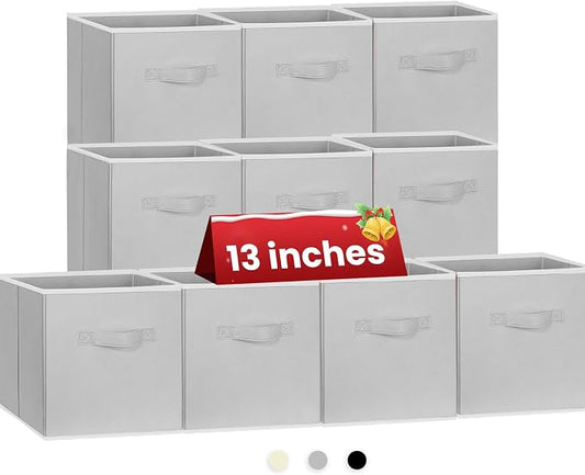 Criusia Large Storage Cubes, 13 Inch Cube Storage Bins for Shelves Closet Nursery Bedroom - 10 Pack Collapsible Storage Baskets with Handles - Fabric Bins for Organizing Magazines Clothes Toys (Grey)