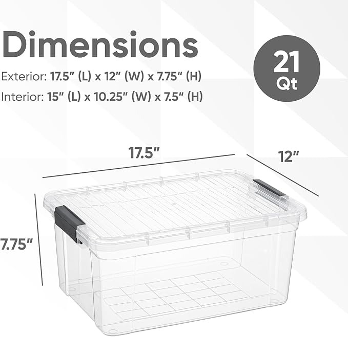 Superio Clear Storage Box with Lid, 21 Quart Plastic Container Bins for Organizing, Stackable Crates, BPA Free, Non Toxic, Odor Free, Organizers for Home, Office, School, and Dorm