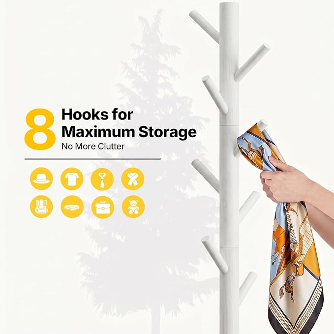 AMADA Solid Wooden Coat Rack Freestanding with 8 Hooks, White | 100% solid wood, 3 height options, widened base for stability, tool-free assembly, smooth rods & hooks prevent clothing snags