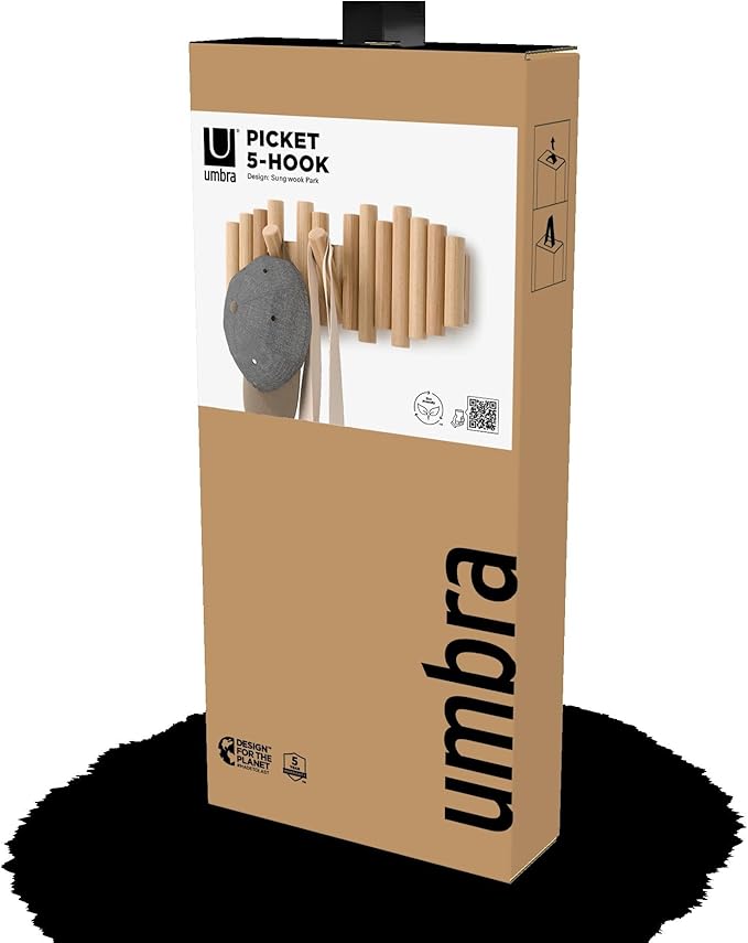 Umbra Picket Coat Rack, Wall Mount 5 Flip-Down Coat Hooks, Natural | Beveled pine wood dowels, supports up to 5 lbs, mounting hardware included, space saving