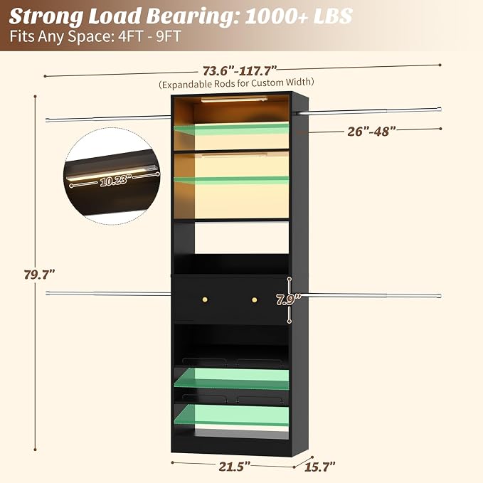 Wood Closet Organizer System with Sensing Light - 4FT-9FT Expandable Wardrobe Closet with Drawer & 4 Hanging Rods, Heavy Duty Walk-in Closet 1000Lbs for Bedroom Walk-in Closet, Black
