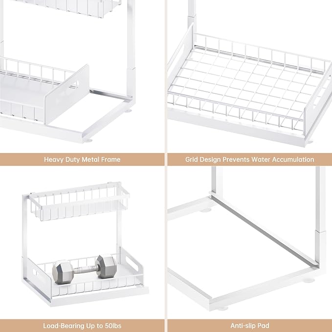 Under Sink Organizer and Storage 2 Pack, Slide Out Cabinet Organizer, Pull Out Sink Shelf for Kitchen Bathroom Laundry, White