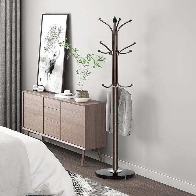 Kertnic Freestanding Coat Rack Stand, Heavy Duty Metal Hall Tree with 12 Hooks, 70 Inch Tall Stable Coat Hanger with 14.6" Natural Marble Base, Entryway Organizer for Coats Bags Hats Purses (Bronze)
