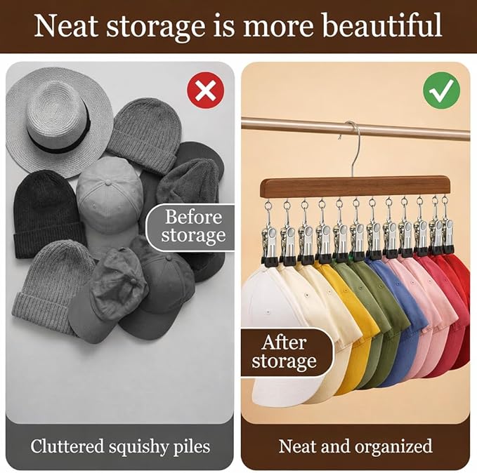 Closet Organizer with 10 Clips, 2PCS Space Saving Hanging Closet Organizer, Space-Saving Hat Scarf Clothespins for Jeans Skirts Socks Leggings Wooden Pant Hangers with Clips(Vintage+Wood)