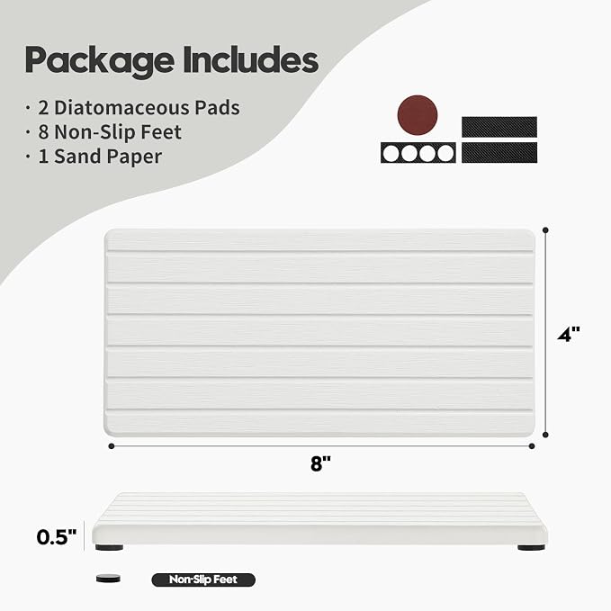 2PCS Water Absorbing Stone Drying Tray Mat for Bathroom Sink & Kitchen Counter Faucet Organizer, Quick Dry Dish Rack Soap Dispenser Sponge Holder, Vanity Sink Caddy Bar Coaster, Ivory White 8“x 4”