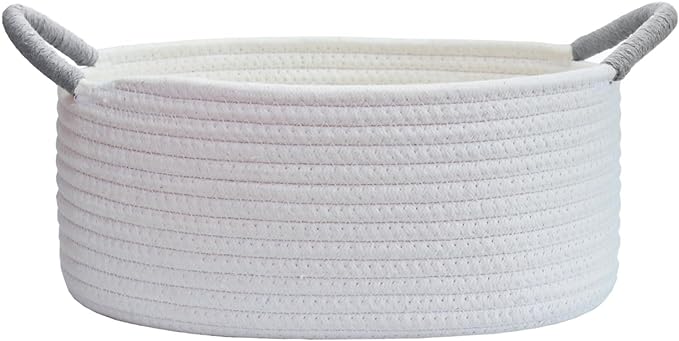 Yimi's Dream White Cotton Rope Gift Basket with Gray Handle, 12 x 8 x 5 in | Oval Woven Small Basket for Gifting, Baby Shower, Nursery, Cat or Dog Toys, Shelves, Birthdays, and Shelves Home Décor