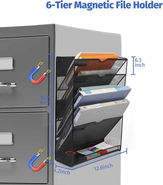 6-Tier Magnetic File Holder, Large Capacity File Cabinet Organizer, No-Drill Mount Hanging Magnetic Paper Holder for File Cabinets, Office, Whiteboard, Magnetic Mail Holder