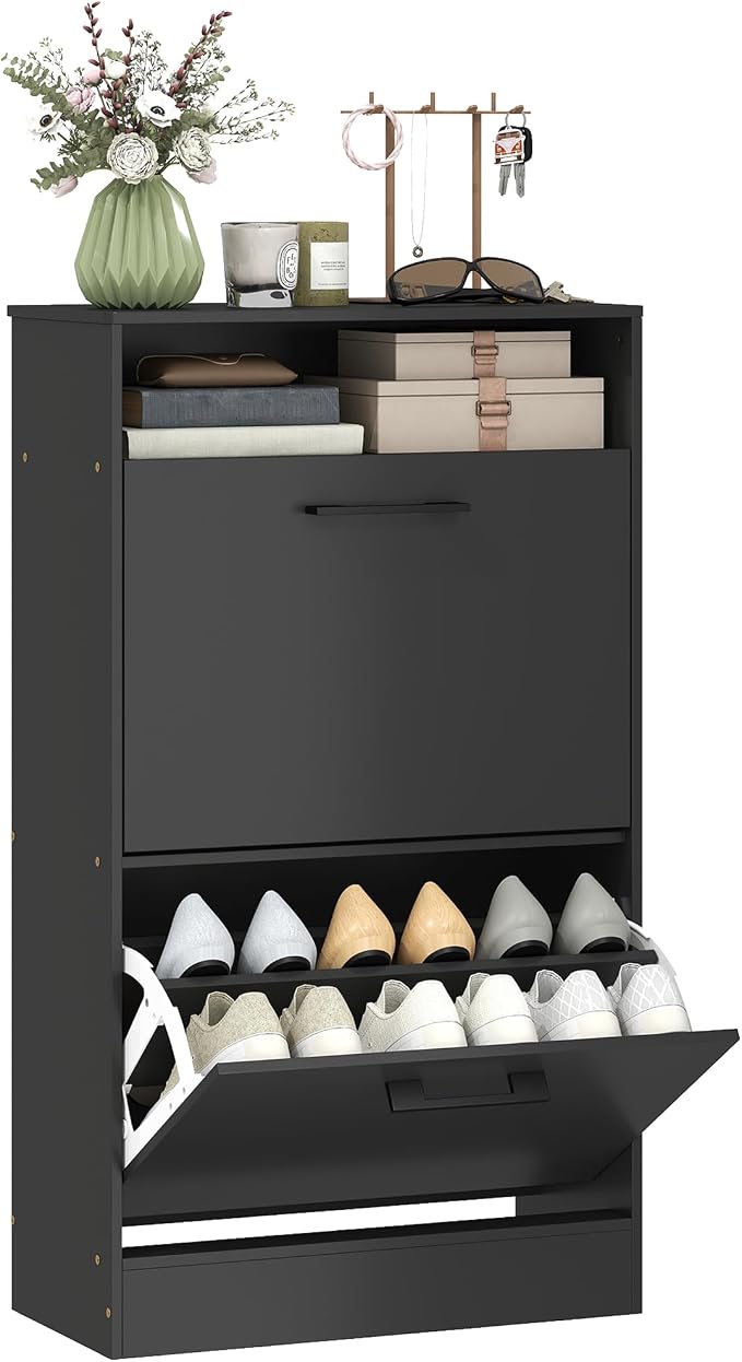 HOMCOM Shoe Cabinet with 2 Flip Drawers, Open Shelf, up to 12 Pairs, Black | Narrow Storage Cabinet, Adjustable Dividers, Entryway Shoe Storage Unit, for Hallway