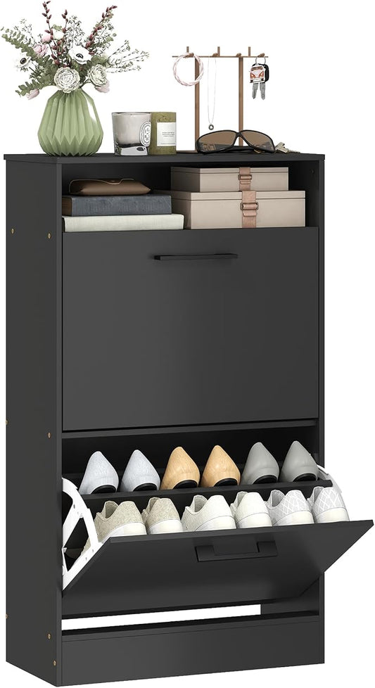 HOMCOM Shoe Cabinet with 2 Flip Drawers, Open Shelf, up to 12 Pairs, Black | Narrow Storage Cabinet, Adjustable Dividers, Entryway Shoe Storage Unit, for Hallway