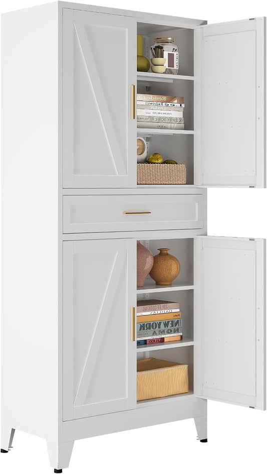 Bevivog 71" Kitchen Pantry Cabinet, Metal Storage Cabinet with Drawer, 2 Doors and 4 Adjustable Shelves Cabinet for Home Office Laundry Living Room Farmhouse White Metal Pantry