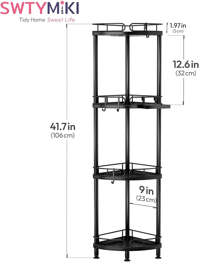 SWTYMIKI Corner Shower Caddy Standing - 4 Tier Stainless Steel Shower Organizer Stand with 4 Hooks & Soap Holder, Rustproof Metal Standing Tall Floor Shower Shelf and Bathroom Organizer, Black