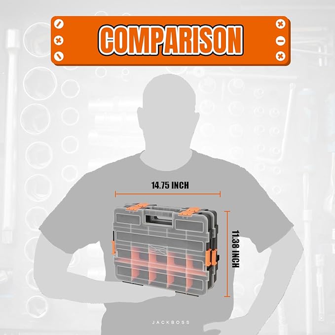 Jack Boss Tool Box with Transparent Lid, Single Side 17-Compartments Organizer Box with Removable Dividers for Hardware, Screws, Bolts, Nails, Beads, Jewelry and Fishing Accessories, Orange, 2 Pack
