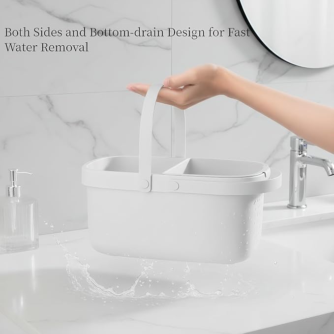 Pulseplay Plastic Shower Caddy Basket with Handle Portable Organizer Storage Basket with Drainage Holes for Bathroom College Dorm Bedroom Kitchen Gym (White)