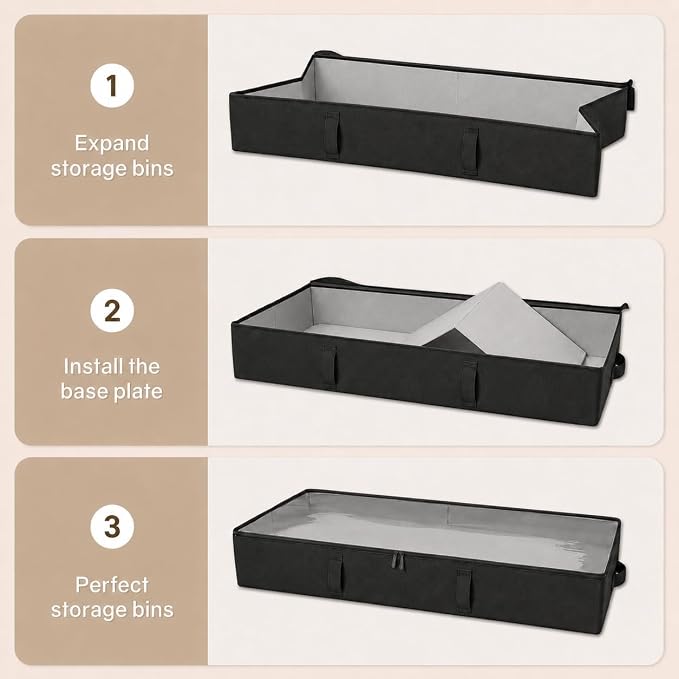Vailando Storage Containers, 8 Inches Tall 80L Underbed Storage Bins with Sturdy Handles and Sidewalls, Closet Organizer for Clothes, Blankets, Seasonal Items, Black, 2-Pack