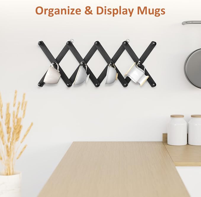 Accordion Wall Hanger, Hat Rack for Wall with 14 Coat Hooks, Expandable Hat Hangers Organizer, Vintage Decorative Coat Rack Wall Mount for Purse, Mug (Black)