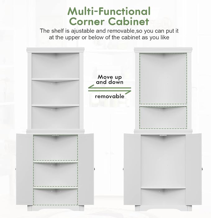 YESHOMY Corner Cabinet, Storage Cupboard with Doors | Tall Storage Cabinet with Adjustable Shelves, for Living Room, Bathroom, Kitchen, Warm White