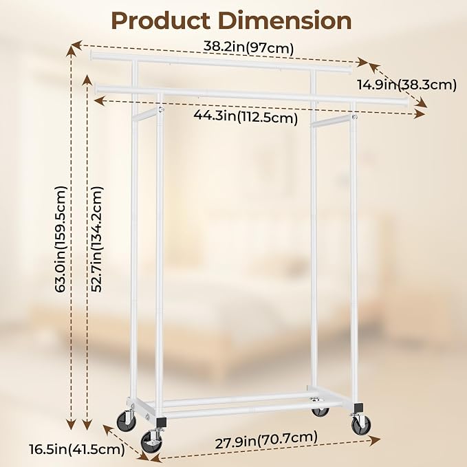 HYSEYY Double Rods Clothes Rack, Rolling Clothing Rack for Hanging Clothes Portable Wardrobe Rack, Metal Garment Rack Sturdy Coat Rack for Bedroom Laundry Living Room, White