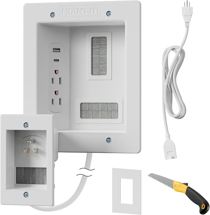 Mount-It in-Wall TV Cable Management Kit, USB-C, Dual Outlet, Cord Hider | ETL Certified Recessed Power with USB-A, 9ft Behind-Wall and 5ft External Cords, DIY Install, Wire Hider for Wall Mounted