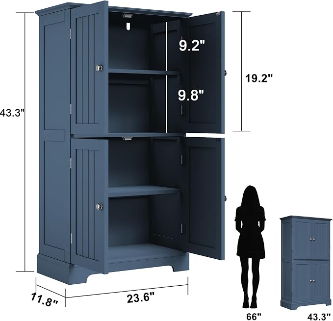 ChooChoo Bathroom Floor Cabinet with Adjustable Shelves | Bathroom Storage Cabinet, 4 Doors, Freestanding Cupboard for Living Room, Blue