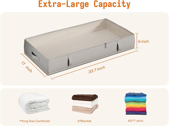 Vailando Storage Containers, 8 Inches Tall 80L Underbed Storage Bins with Sturdy Handles and Sidewalls, Closet Organizer for Clothes, Blankets, Seasonal Items, Light gray, 2-Pack