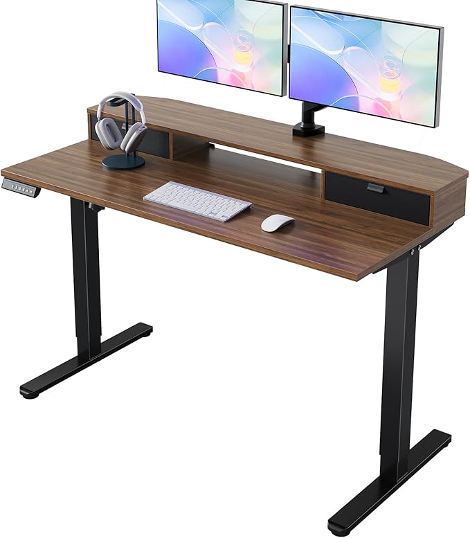 HUANUO 47.2" X 23.6" Electric Standing Desk with 2 Drawers, C-Clamp Mount Compatible, Height Adjustable Computer Desk, Home Office Stand Up Desk with 4 Preset Heights & 2 Hooks, Walnut