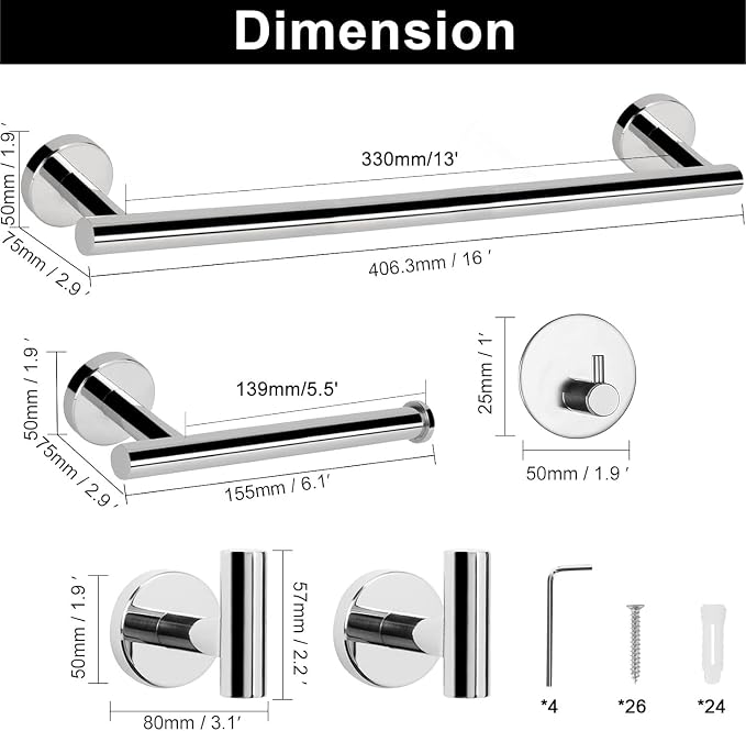 NearMoon Bathroom Hardware Set SUS 304 Thicken Stainless Steel-Towel Bar Set Include 16" Towel Rod, Toilet Paper Holder, Multifunctional Hooks Bathroom Accessories (Chrome Finish, 10 Pcs)