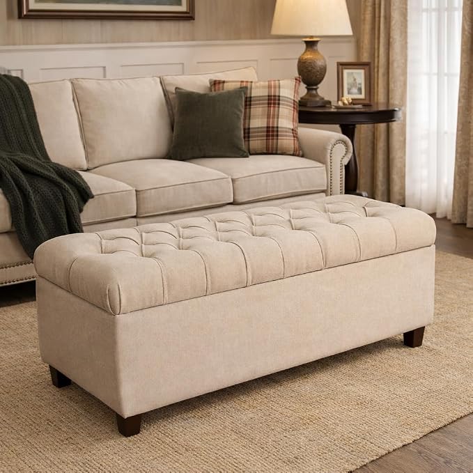 Homepop Home Decor | Tufted Ainsley Button Storage Ottoman Bench with Hinged Lid | Ottoman Bench with Storage for Living Room & Bedroom, Cream 18x40x18 inches